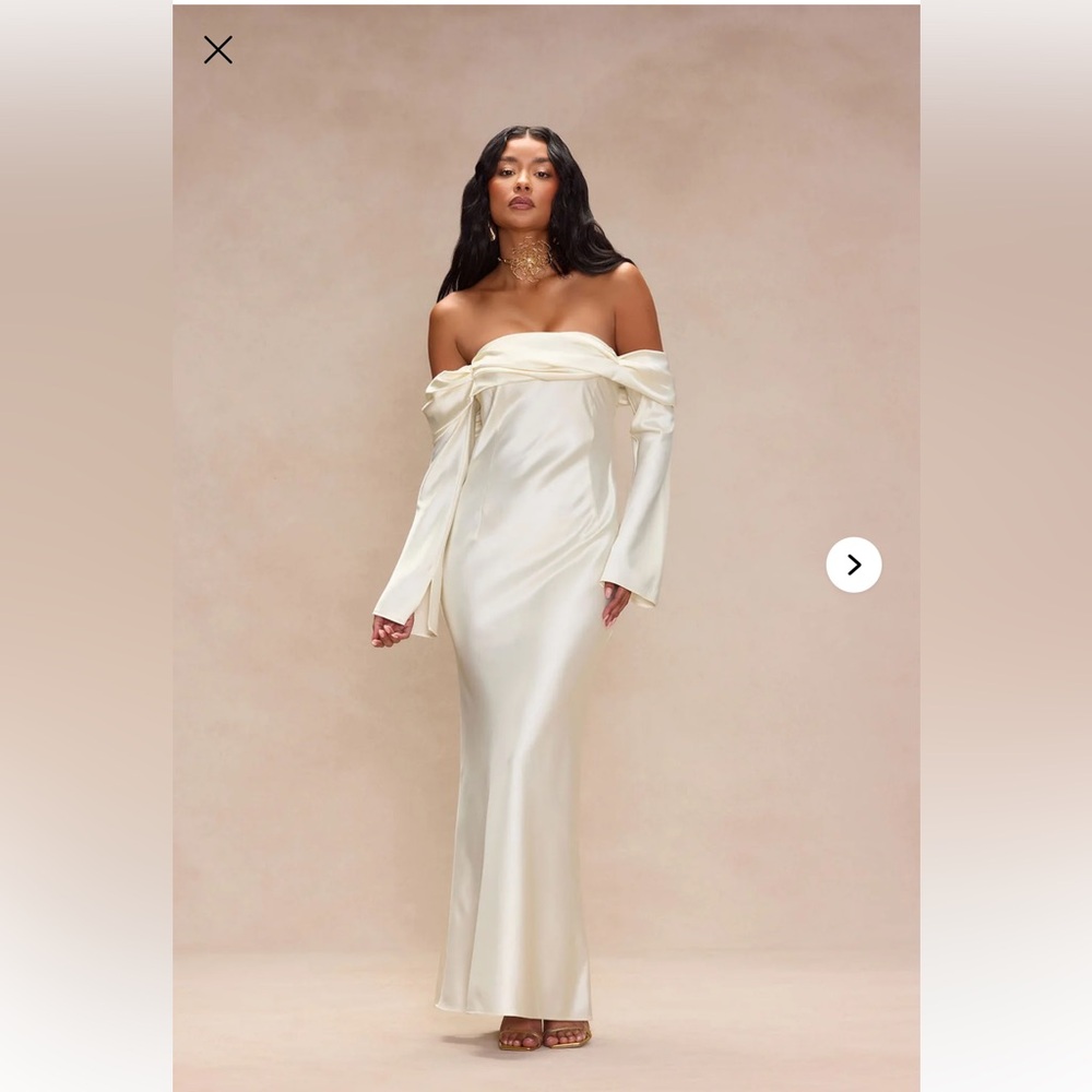 Fashion Nova Cream Off-Shoulder Maxi Dress